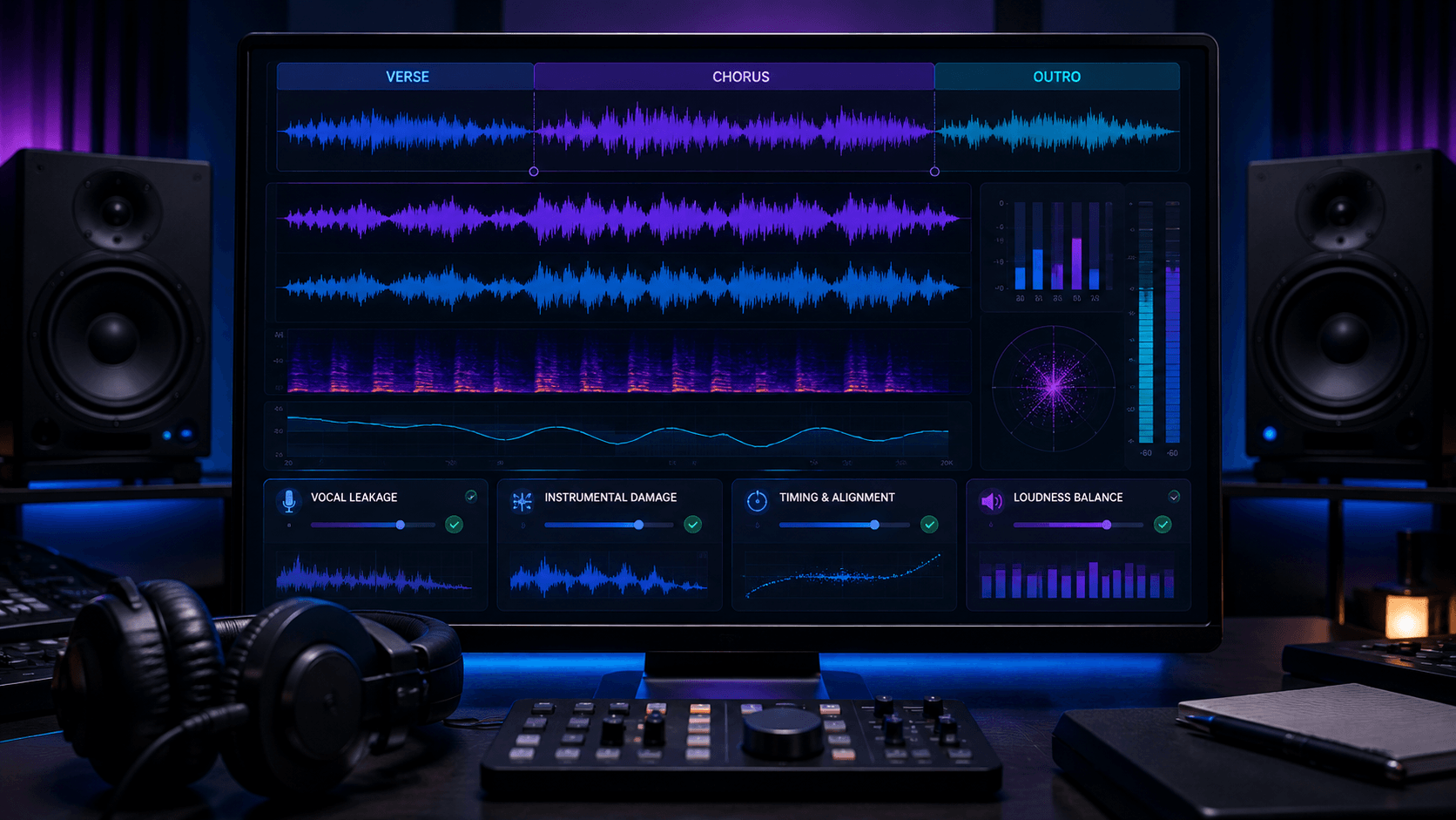 Instrumental karaoke track quality check for vocal leakage, timing, and loudness